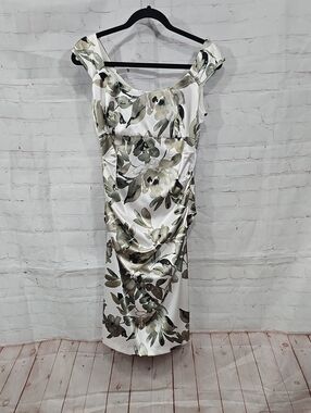 London Times Ivory Floral Off-Shoulder Midi Dress with Olive Accents